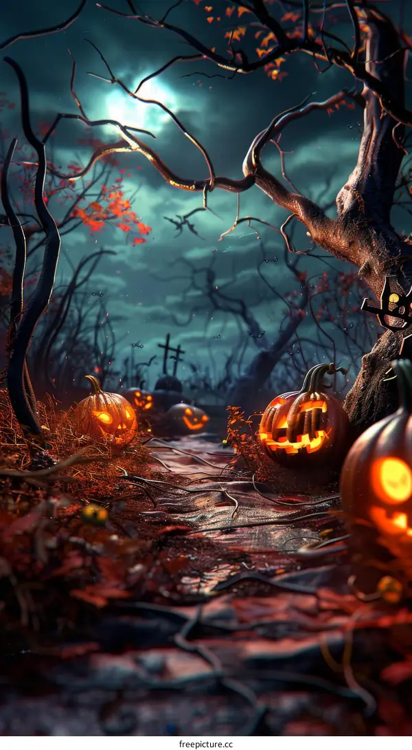 Spooky Halloween pumpkins in a creepy forest