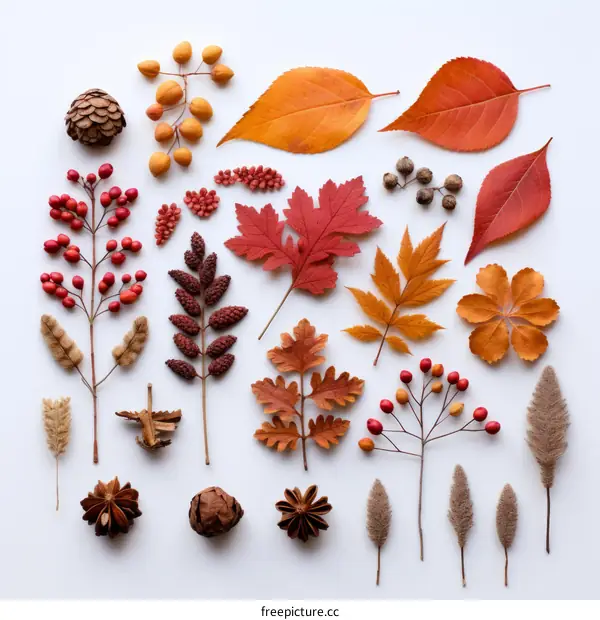An assortment of autumn leaves and other natural objects