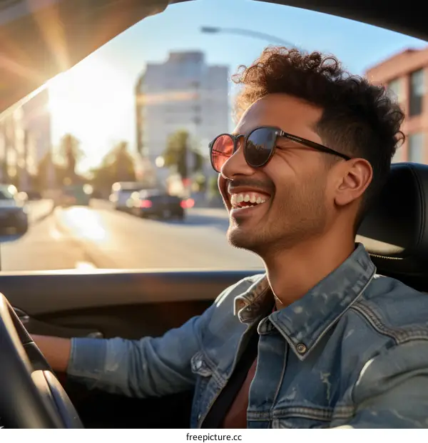 Carefree man driving convertible on sunny day