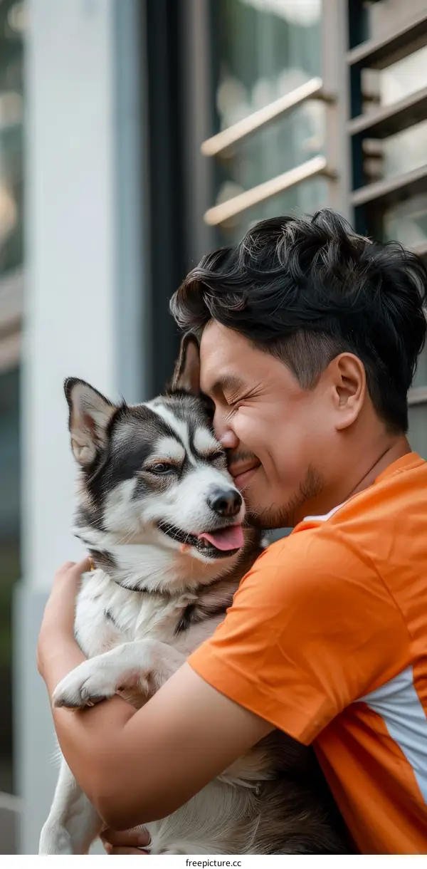 A man and his husky dog are hugging each other outside a house.