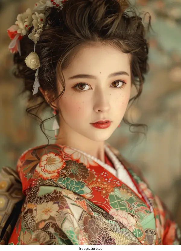 Portrait of a beautiful Japanese woman in traditional kimono