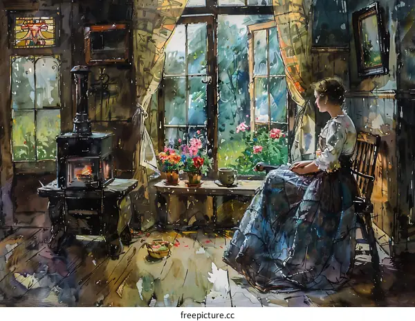 Lady in Victorian Dress Sitting by the Window