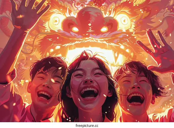 Three happy young Asian people celebrating Chinese New Year