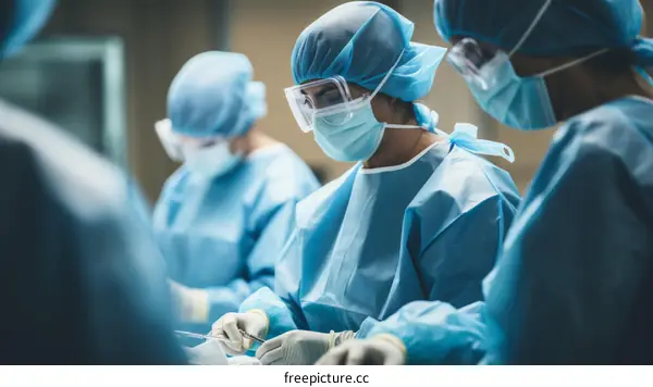 A group of surgeons perform an operation in a hospital operating room.