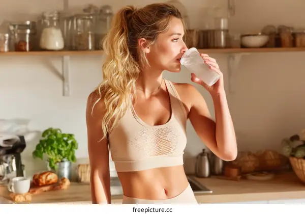 Blonde Woman Drinking Water in a Kitchen