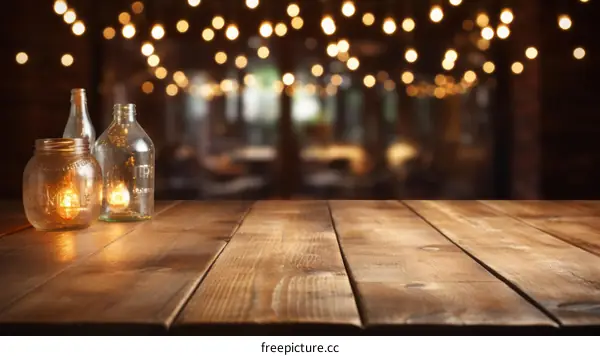 An empty wooden table with a candle in a jar and fairy lights in the background