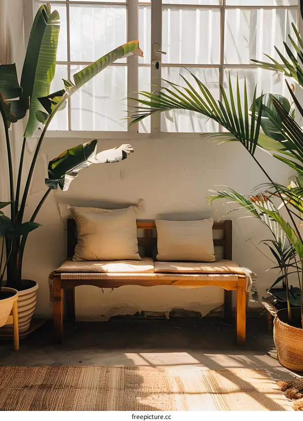 Minimalist Home Decor with Wooden Bench and Lush Greenery