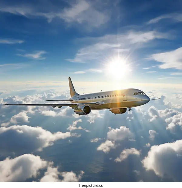 A golden airplane is flying in the blue sky above the clouds