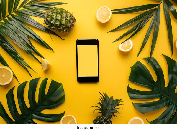 Summer Tropical Background with Phone and Fruits