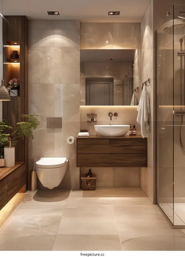 Modern Beige Bathroom Design with Warm Lighting