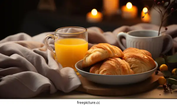 A Cozy Breakfast Still Life with Croissants, Orange Juice, and Candles