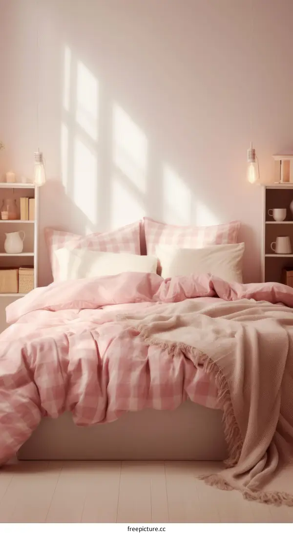 A cozy pink and white gingham bedding set with a white blanket at the end of the bed.