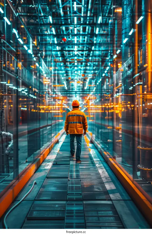 Worker in Hard Hat Walking Through Futuristic Corridor