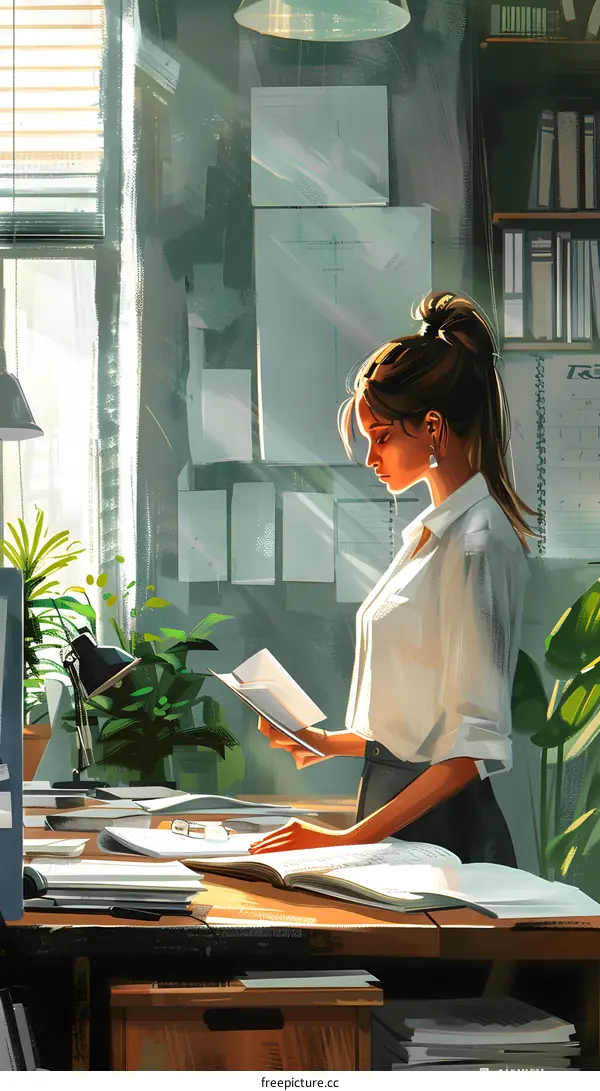 Woman Reading Book in Sunlit Office Interior