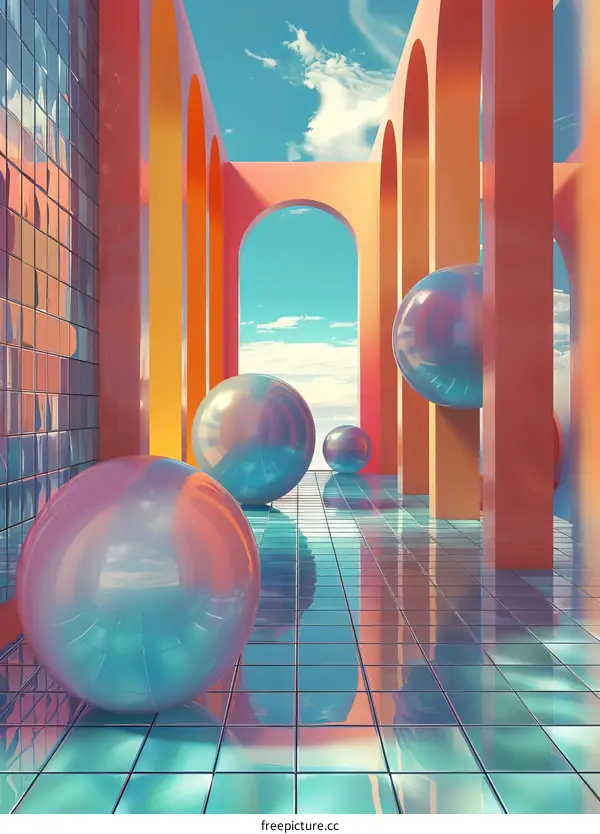 Pastel Pink and Blue Archway with Floating Spheres
