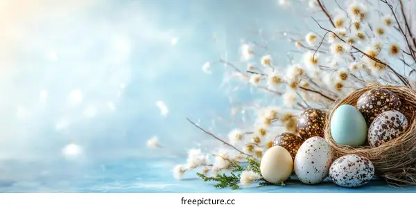 Easter Eggs Decorated in Nest with Spring Flowers