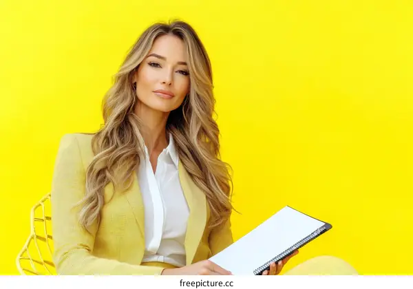 Confident Business Woman with Notepad on a Yellow Background