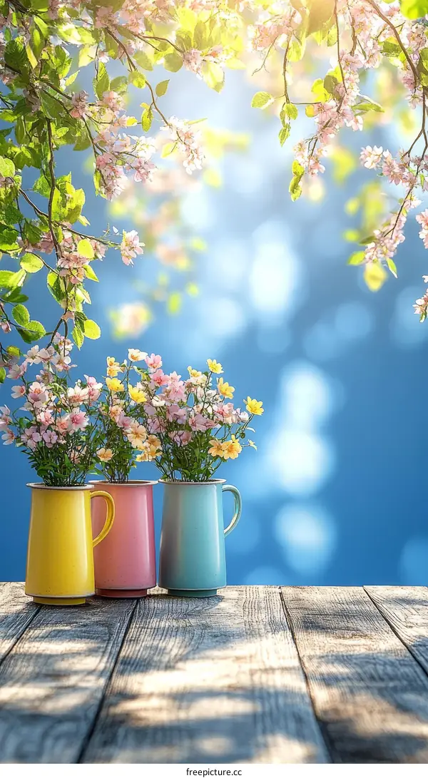 Spring Flowers in Colorful Vases on Wooden Table