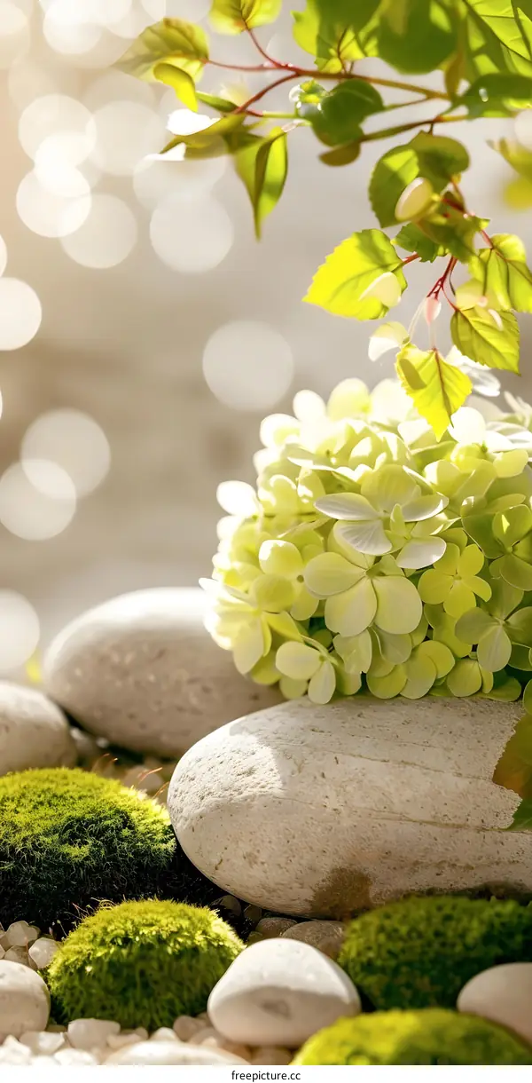 Green Flowers and Stones on a White Background