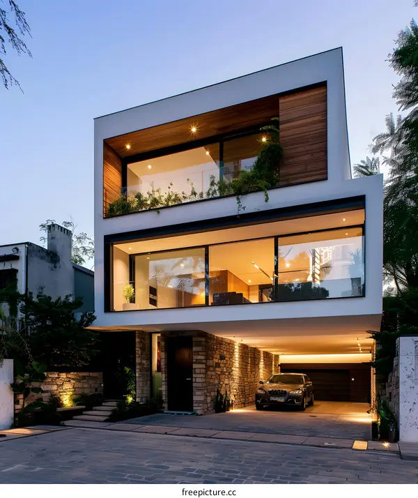 Modern House with Stone Wall and Garage
