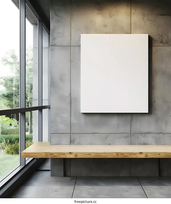 Blank Canvas Mockup on Concrete Wall with Wooden Bench