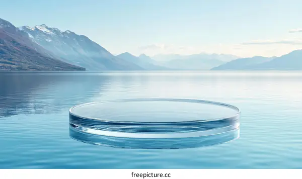 Clear Glass Disc on Calm Water with Mountain Background