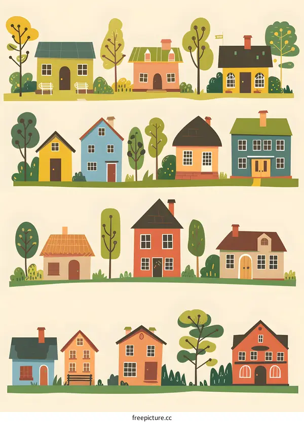 Cute Colorful Hand Drawn Illustration Of Small Houses With Trees