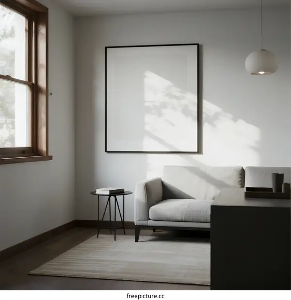 Minimalist living room with white sofa and large framed wall art