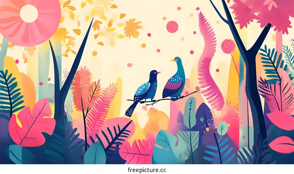 Two Birds in a Colorful Forest