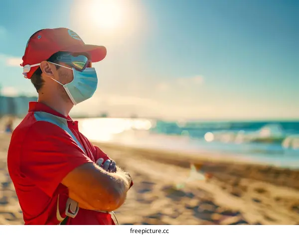 Lifeguard wearing a mask standing on the beach looking out at the ocean
