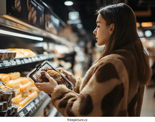 Young Woman Choosing Food at Grocery Store