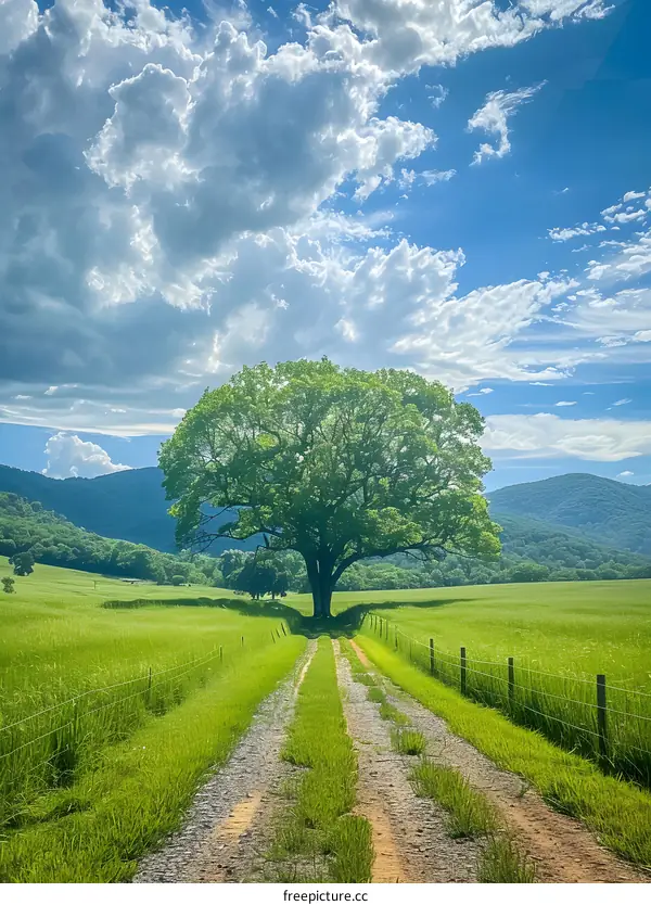 Country road surrounded by green fields and mountains