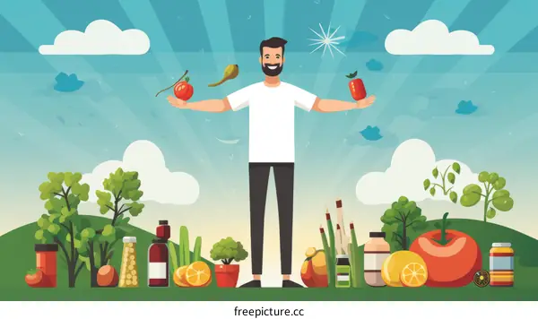 Cartoon man choosing between healthy and unhealthy food