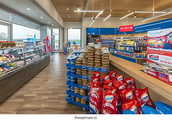 Modern Convenience Store Interior With Display Of Snacks And Food