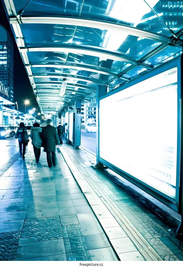 Night View of a City Bus Stop with People Walking By