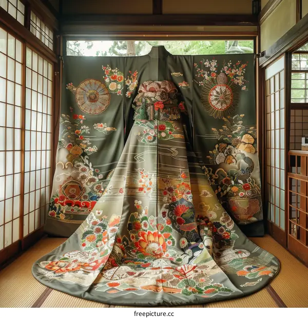A kimono with a floral pattern and a long train