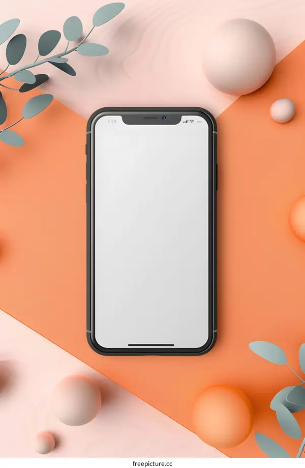 Blank Smartphone Mockup with Pastel Spheres and Green Leaves