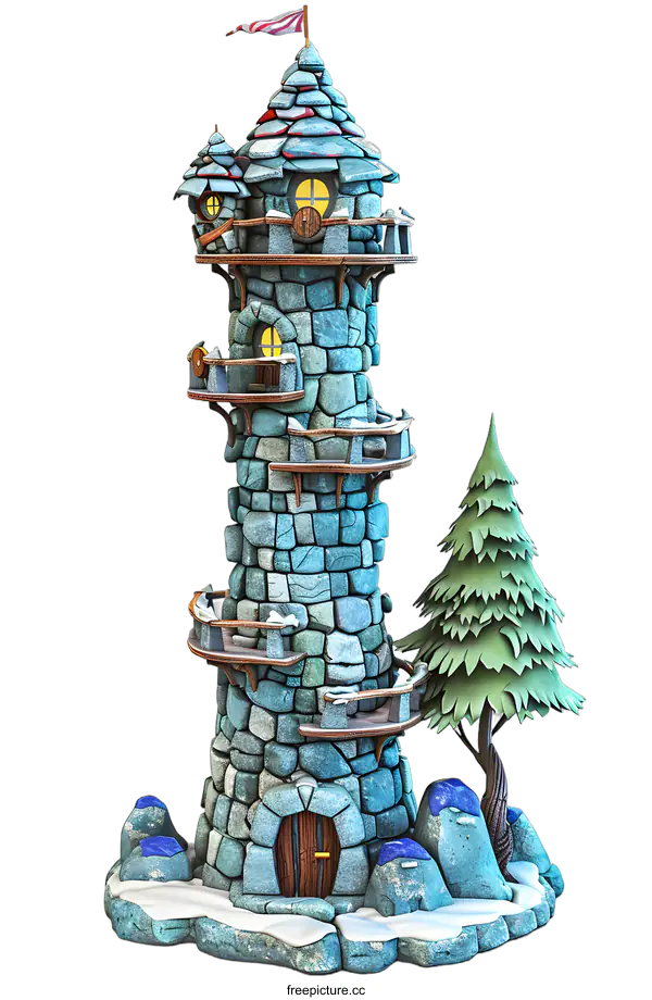 [Transparent Background PNG]Cartoon Tower with Snow and Trees