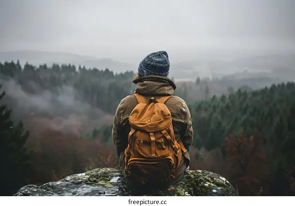 Backpacker Looking at the Mountain View