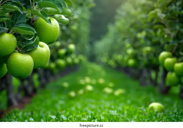 Green apples hanging on tree branches in an orchard