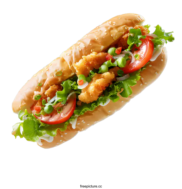 [Transparent Background PNG]A delicious sandwich with crispy chicken, fresh vegetables and creamy mayonnaise