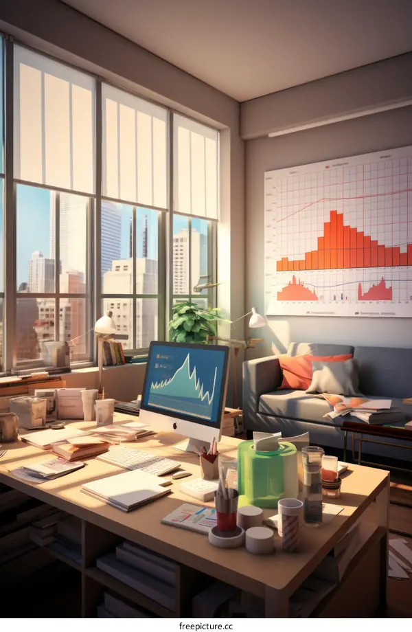 A modern office with a large desk, a comfortable couch, and a city view