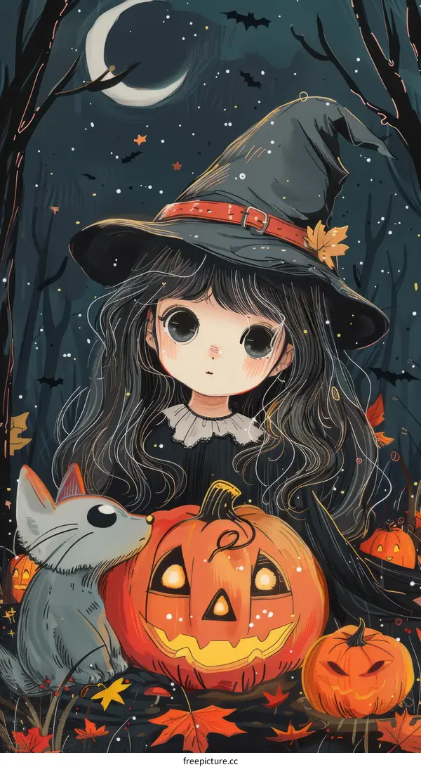 A witch girl with a cat and pumpkins in a forest on Halloween night