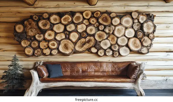 Rustic Wooden Wall Art and Leather Sofa