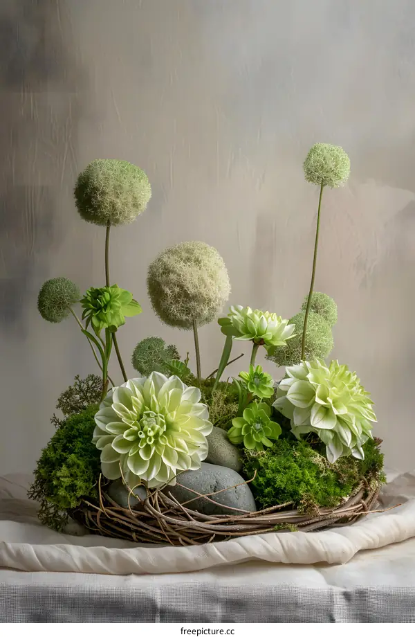 Green Flower Arrangement in a Nest with Stones