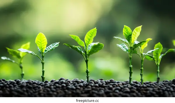 Sprouting Coffee Plants in Natural Sunlight