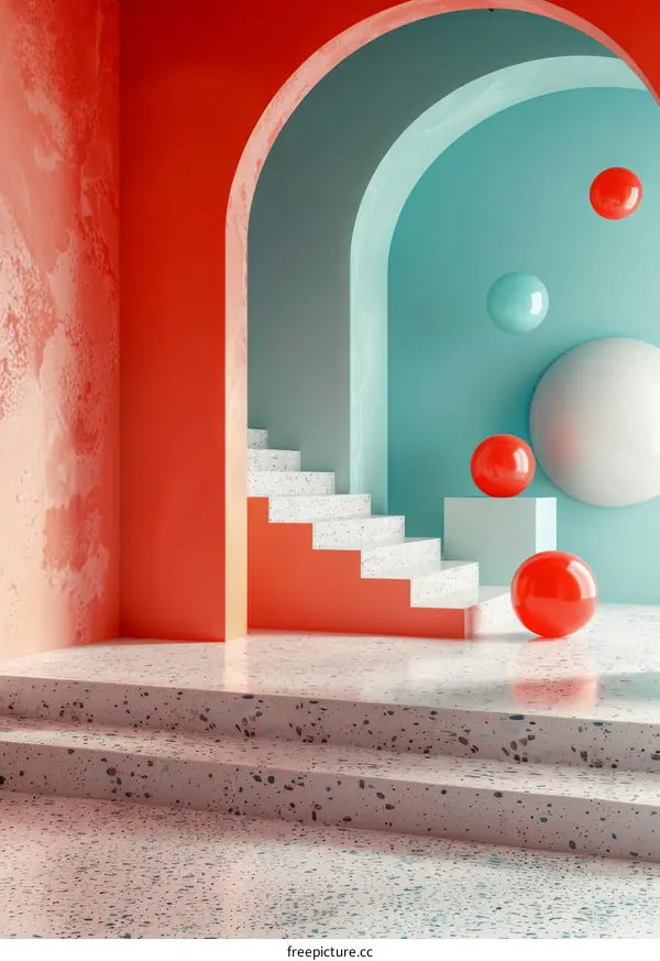 Abstract Interior Design with Colorful Archway and Steps