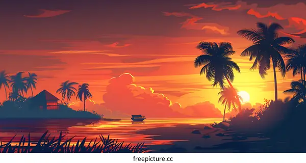 Sunset Landscape with Palm Trees and a Small Cabin