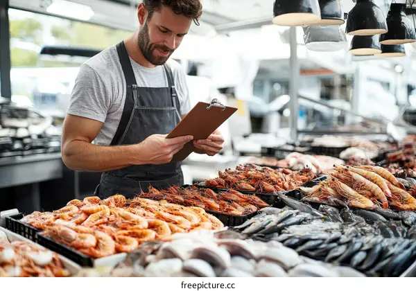Seafood Market Worker Checking Inventory