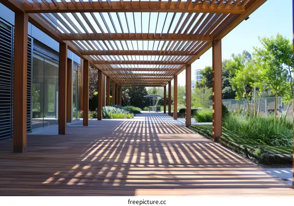 Wooden pergola in a modern building